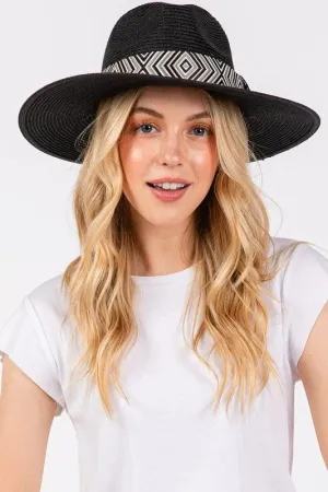 Aztec Jacquard Ribbon Straw Fedora Hat