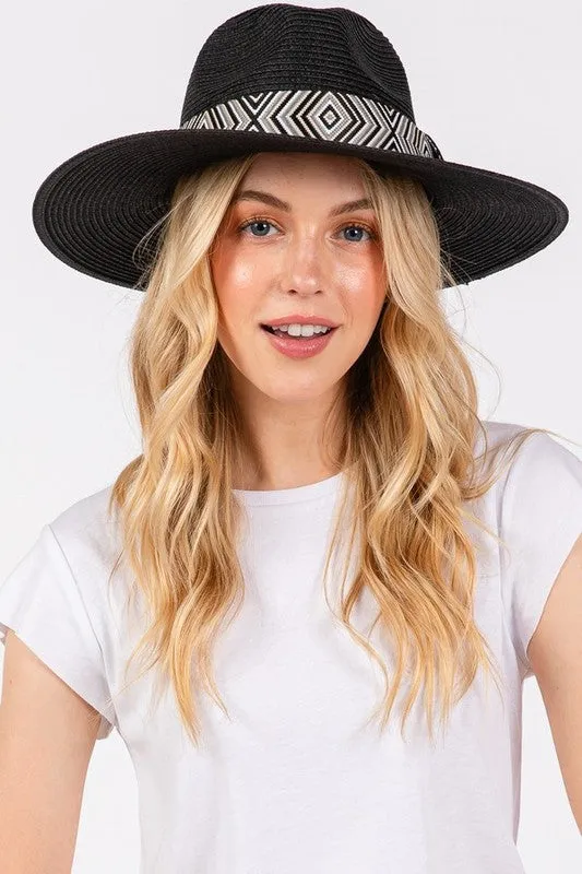 Aztec Jacquard Ribbon Straw Fedora Hat