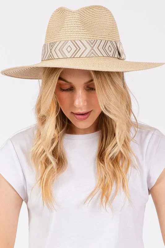 Aztec Jacquard Ribbon Straw Fedora Hat