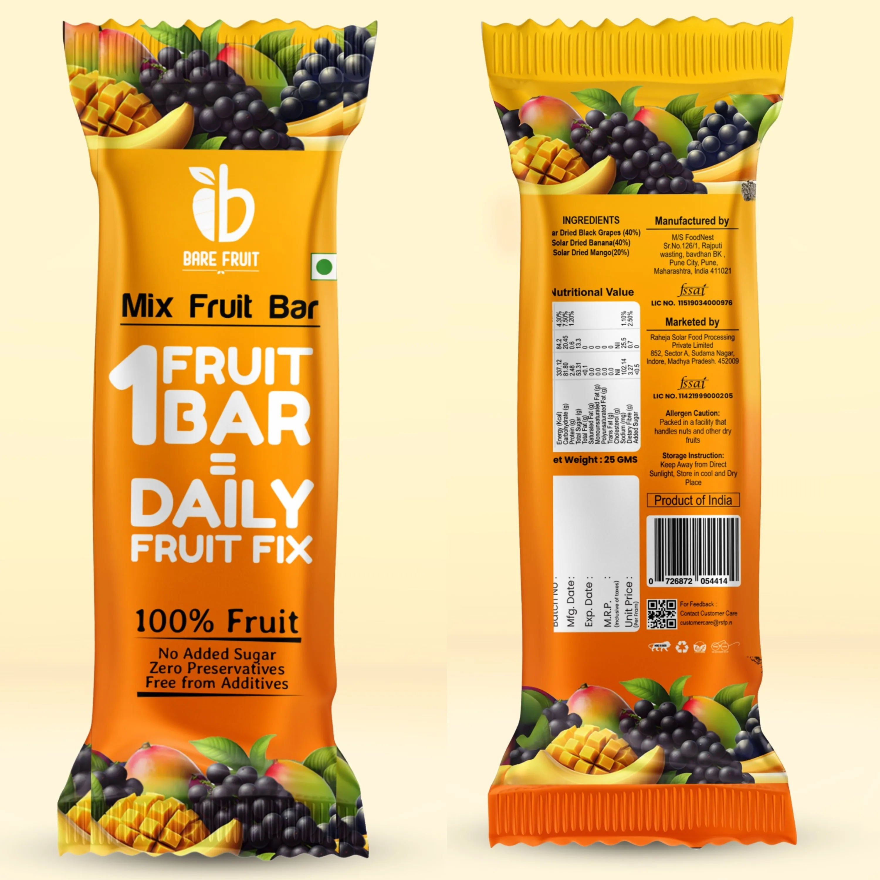 Bare Fruit Mix Fruit Bar | No Added Sugar, Zero Preservatives, Additive-Free | Healthy Energy Snack | Mango (Pack of 6)