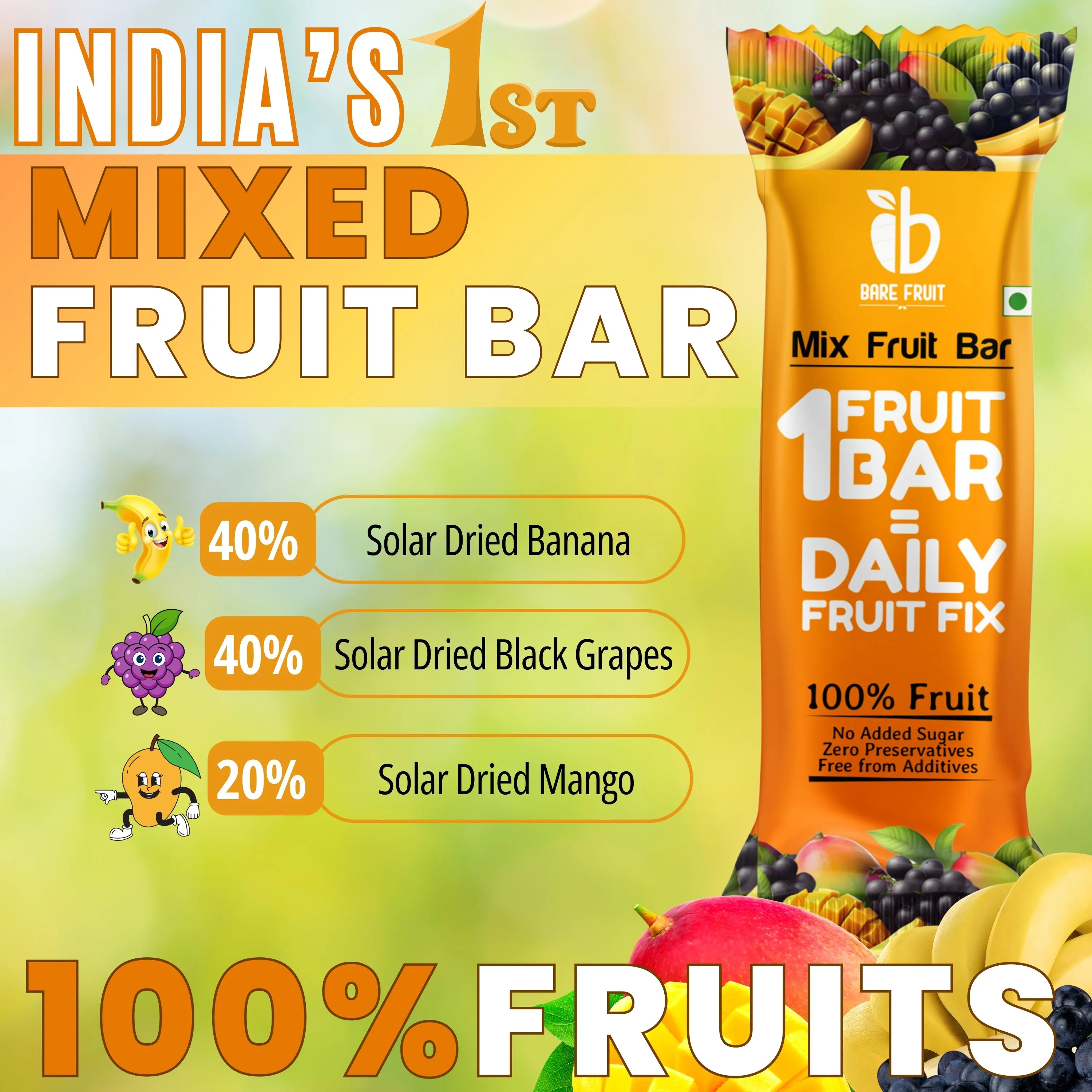 Bare Fruit Mix Fruit Bar | No Added Sugar, Zero Preservatives, Additive-Free | Healthy Energy Snack | Mango (Pack of 6)