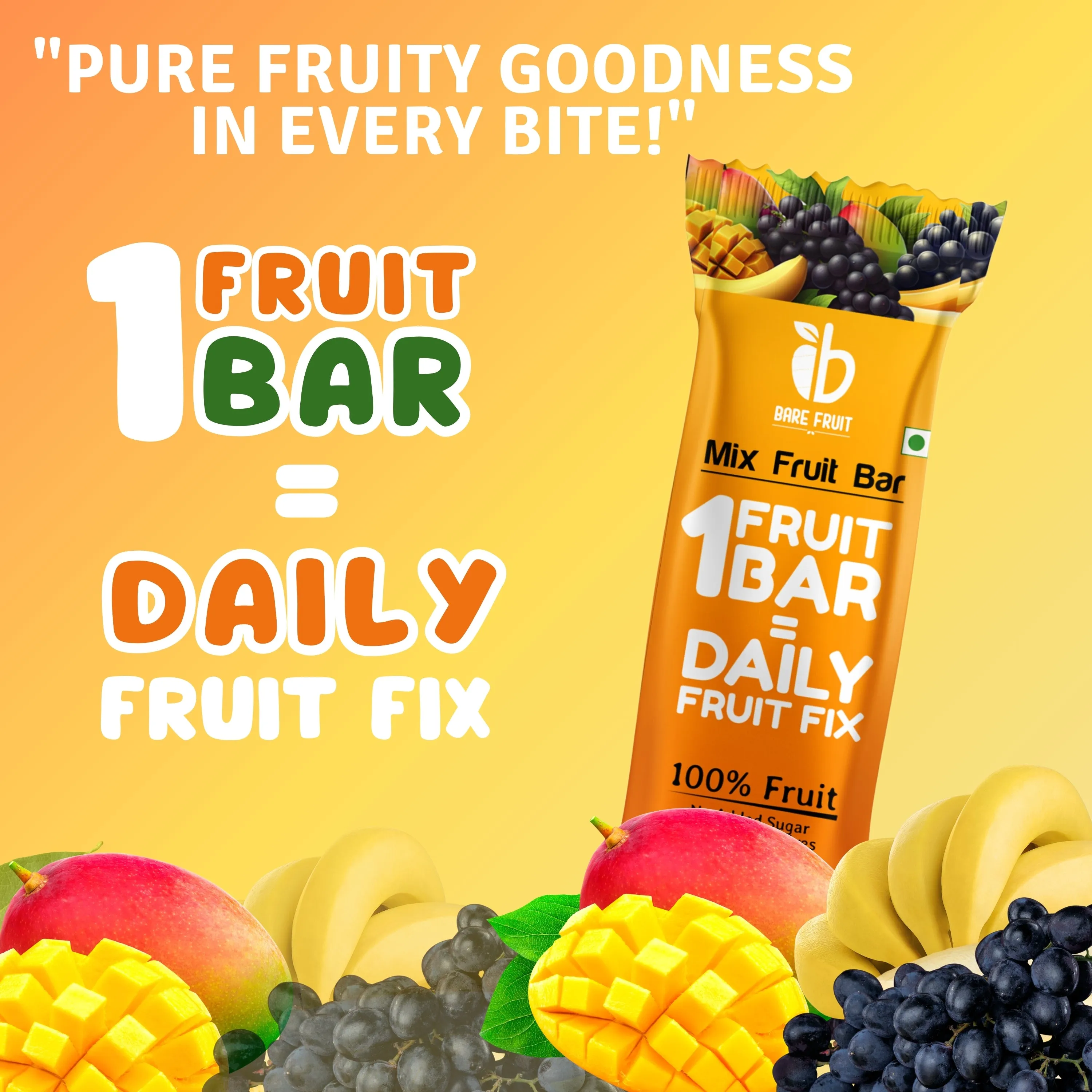 Bare Fruit Mix Fruit Bar | No Added Sugar, Zero Preservatives, Additive-Free | Healthy Energy Snack | Mango (Pack of 6)