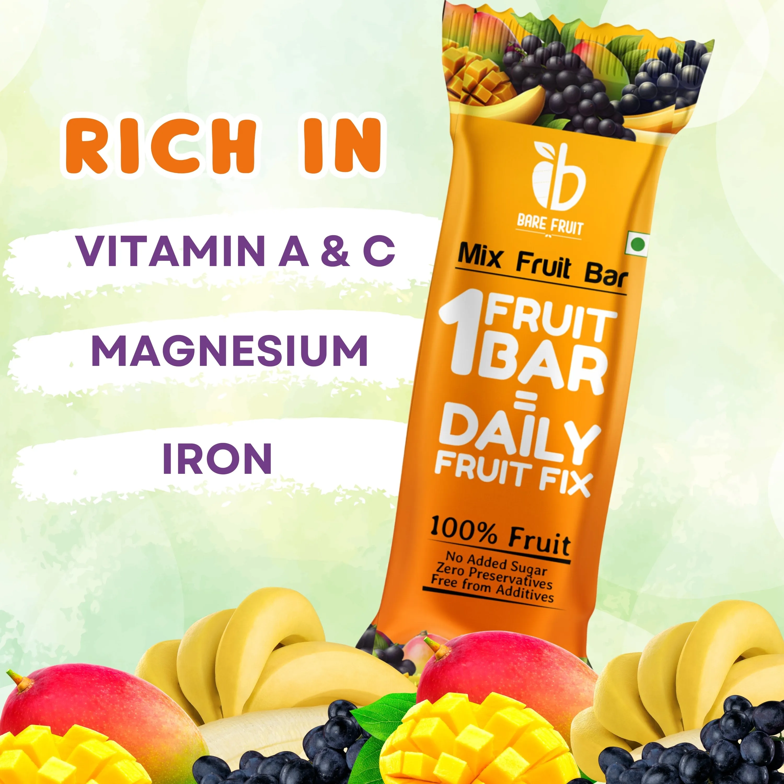 Bare Fruit Mix Fruit Bar | No Added Sugar, Zero Preservatives, Additive-Free | Healthy Energy Snack | Mango (Pack of 6)