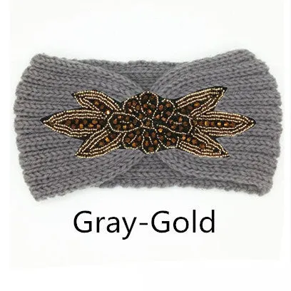 Boho Shiny Knitted Wool Headband for Women Girls Beaded Flower Turban Headbands Headwrap Winter Ear Warmer Hair Accessories