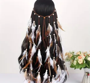 Brown White Feather Headband