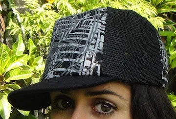 CAPPER Sun Hat -  Adjustable, Flat Brim Hat, Truckers Cap, Mesh back, Screen Printed, Short Brim, Hip Hop, Black Cap, Black Hat, Hipster,
