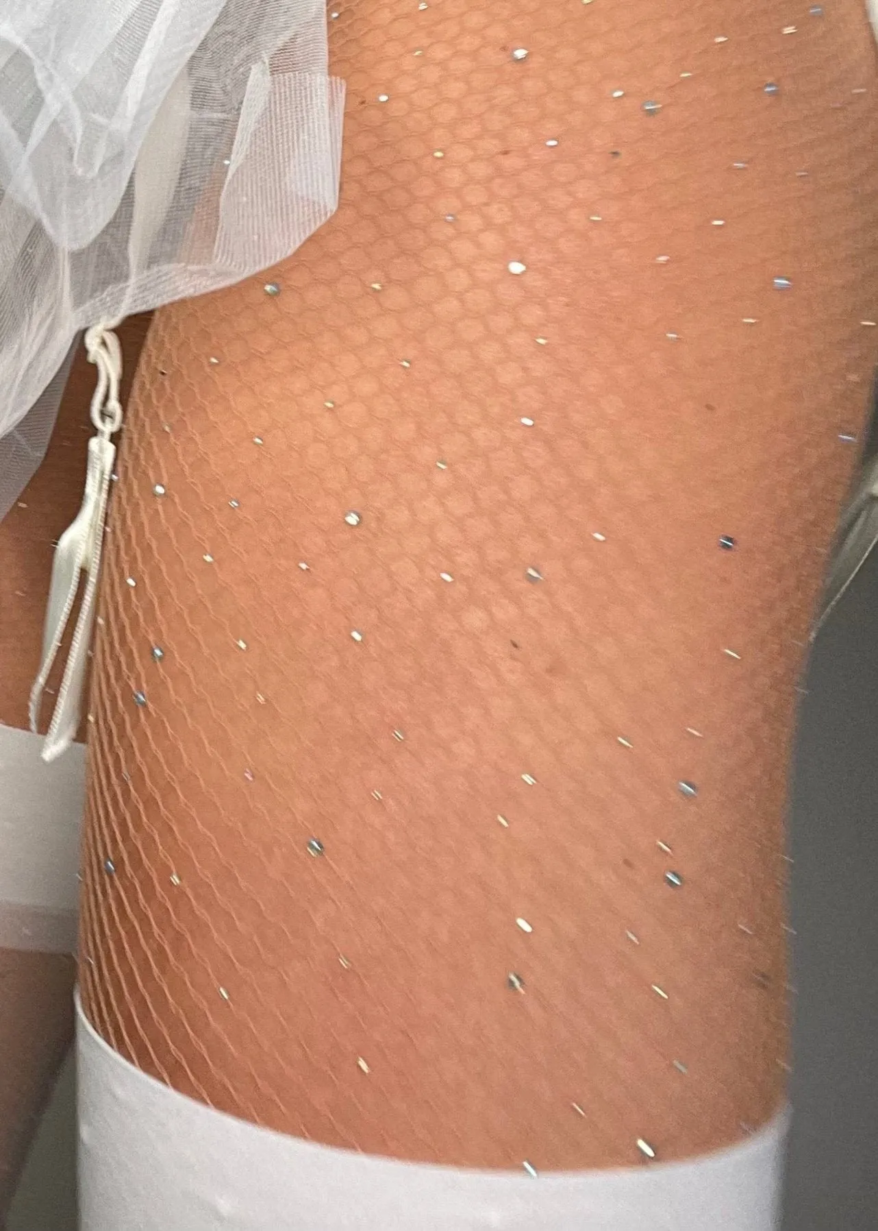 Diamanté Embellished Beige Fishnet Pantyhose Curve-Hugging Tights