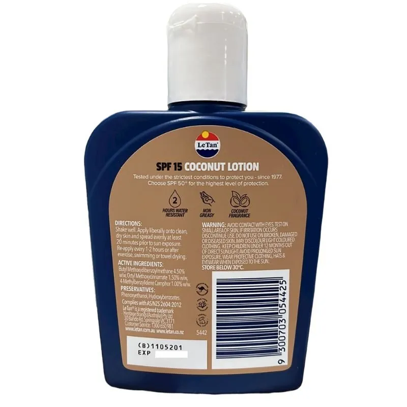 [Expiry: 11/2026] Le Tan SPF 15 Coconut Sunscreen Lotion 125mL