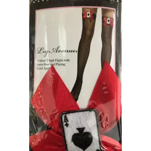 Fishnet Thigh Highs with Satin Bow and Playing Card Applique