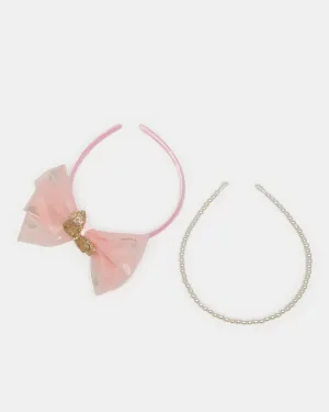 Girls Pink And White Embellished Headband Set (Pack of 2)