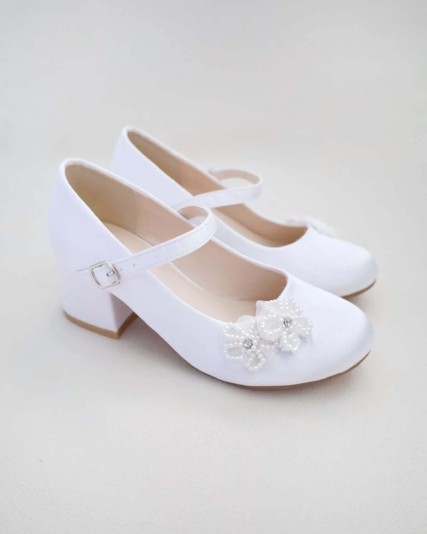 Girls Satin Mary Jane Block Heel with All Pearls Chassia Flowers