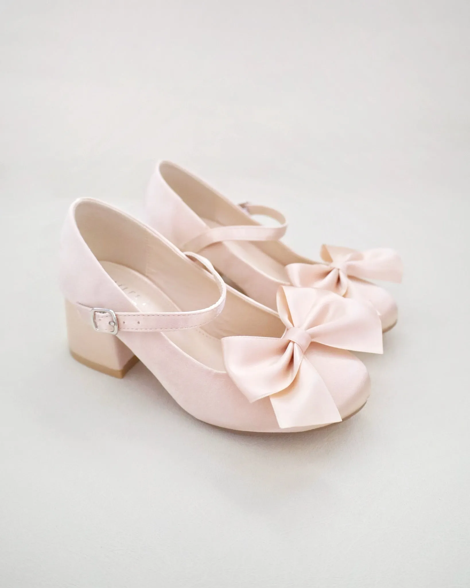 Girls Satin Mary Jane Block Heel with Front Satin Bow