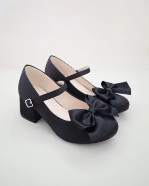 Girls Satin Mary Jane Block Heel with Front Satin Bow