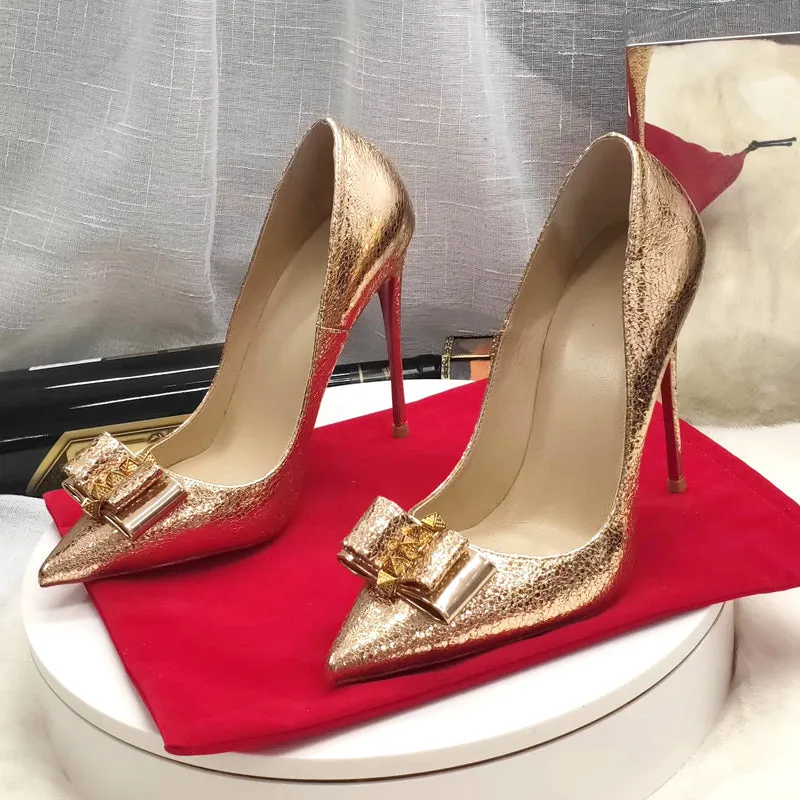 Gold Bow pointed toe Sexy High heels 8/10/12 cm Stiletto rivet studded pumps women shoes large size size 43 45