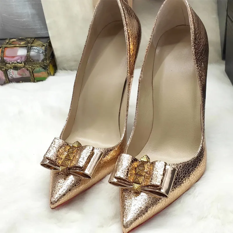 Gold Bow pointed toe Sexy High heels 8/10/12 cm Stiletto rivet studded pumps women shoes large size size 43 45
