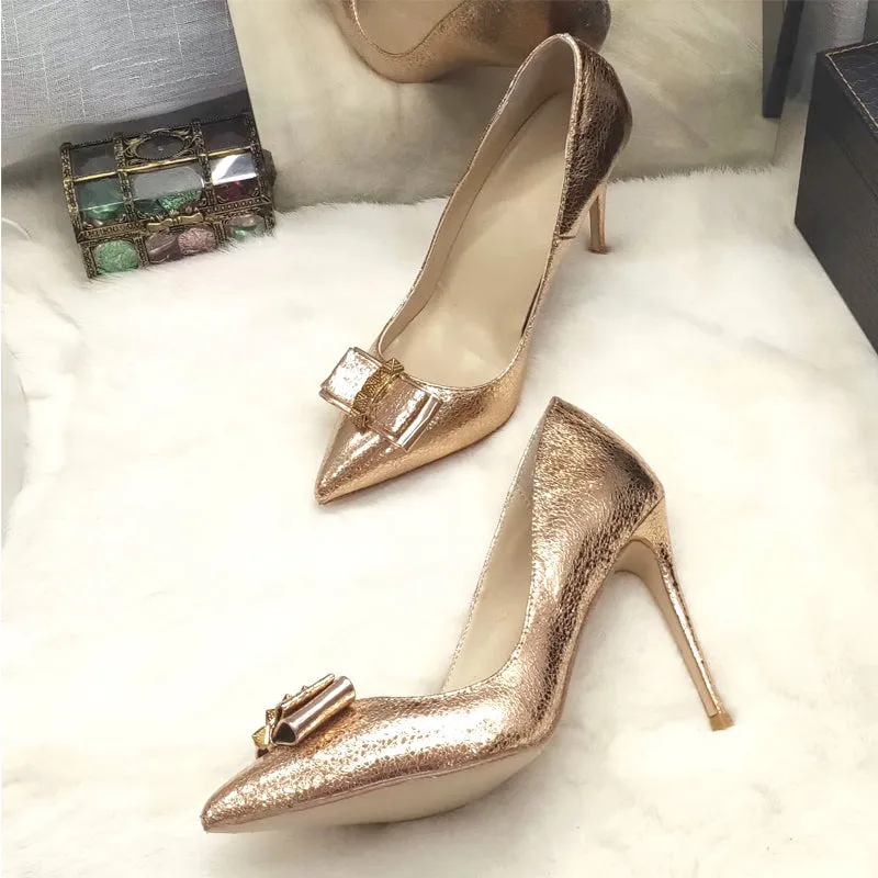 Gold Bow pointed toe Sexy High heels 8/10/12 cm Stiletto rivet studded pumps women shoes large size size 43 45