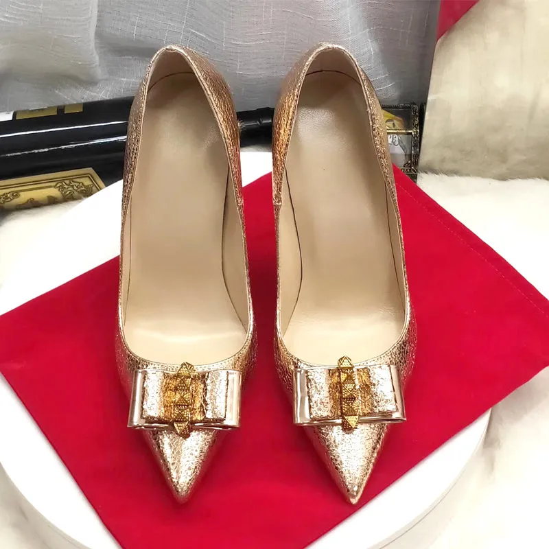 Gold Bow pointed toe Sexy High heels 8/10/12 cm Stiletto rivet studded pumps women shoes large size size 43 45