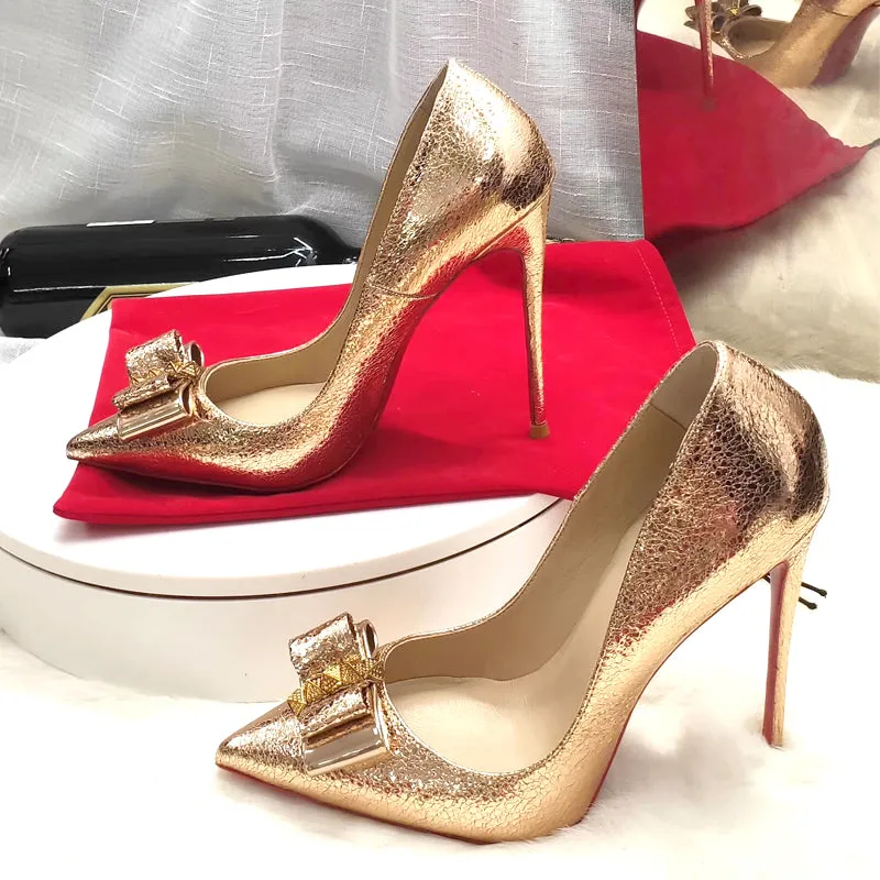 Gold Bow pointed toe Sexy High heels 8/10/12 cm Stiletto rivet studded pumps women shoes large size size 43 45