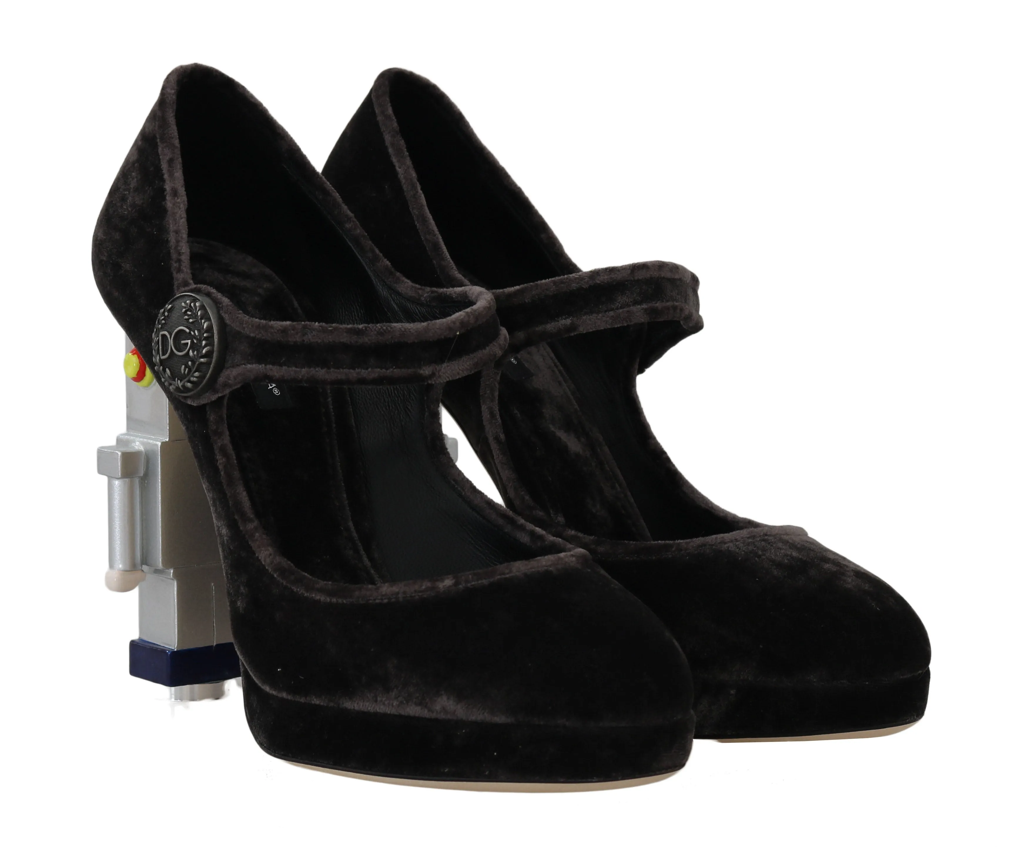 Gray Velvet Robot Heels Mary Janes