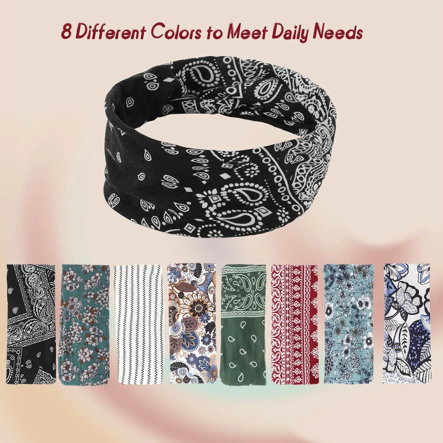 Headbands for Women, 8 Pack Boho Style Headbands Non Slip Fashion Wide Headband Hair Wrap for Daily Use Sport Yoga Running