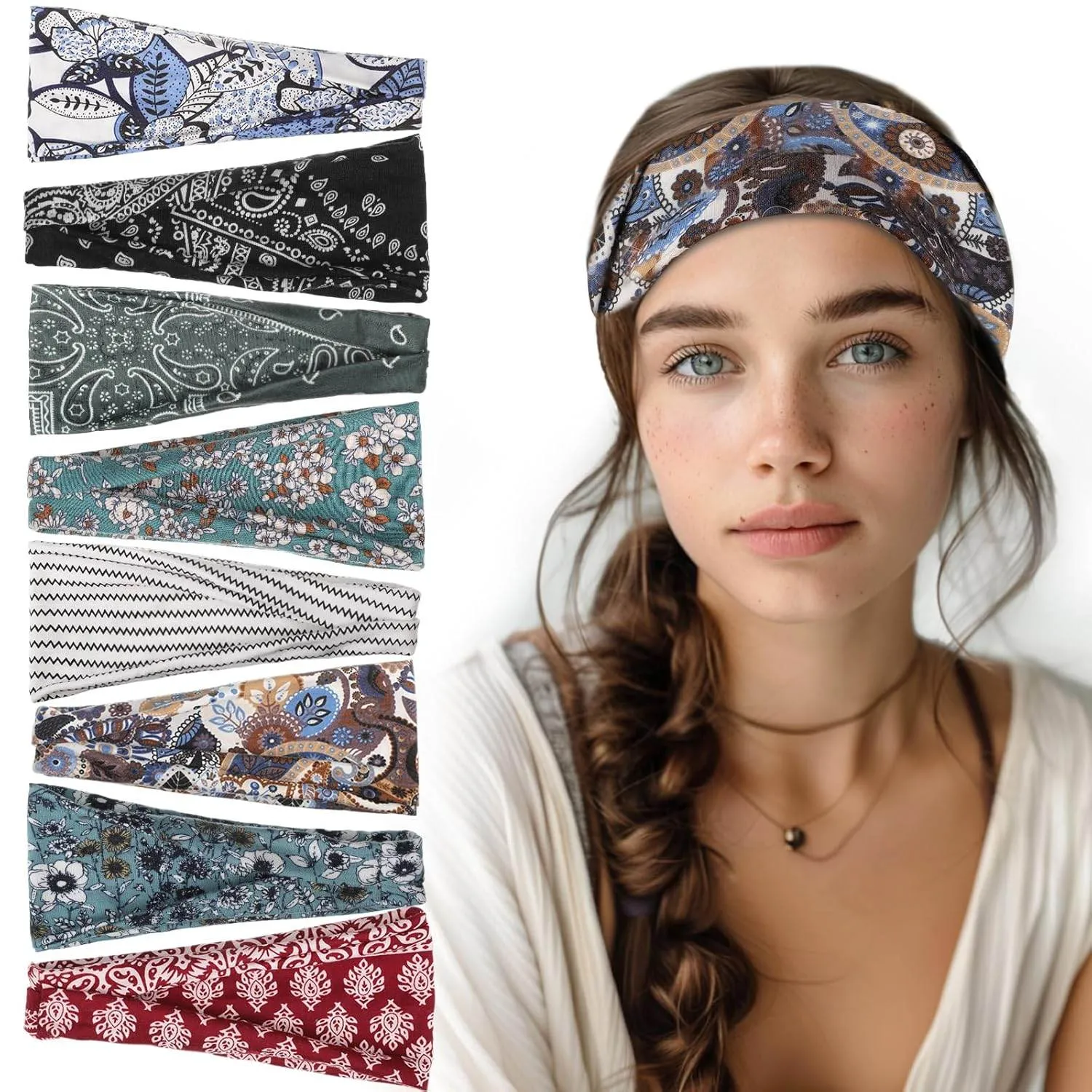 Headbands for Women, 8 Pack Boho Style Headbands Non Slip Fashion Wide Headband Hair Wrap for Daily Use Sport Yoga Running
