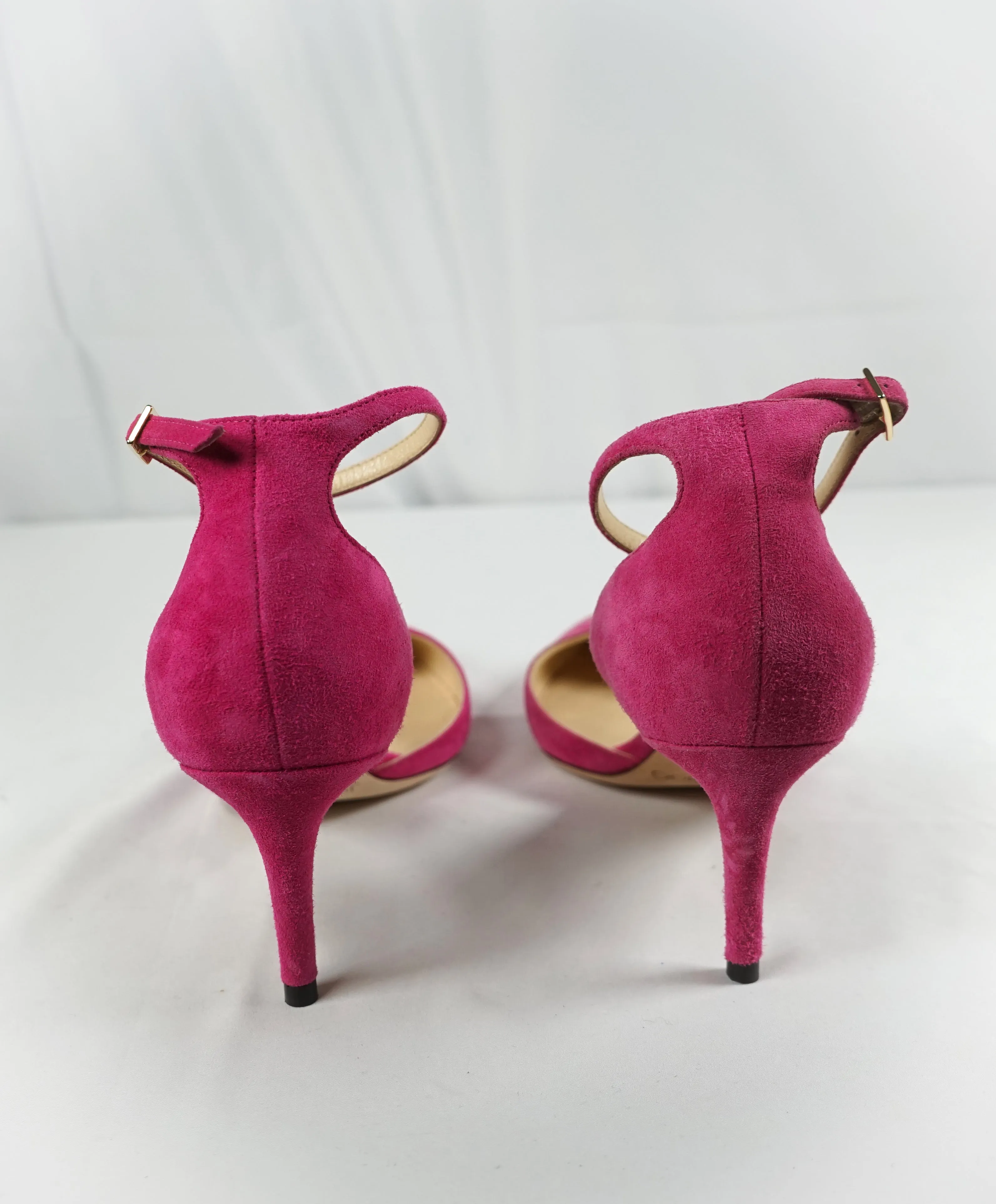 JIMMY CHOO -"LUCY" 65 D'Orsay Ankle Strap Hot Pink Pointed Toe Heels - R-37 L-37.5
