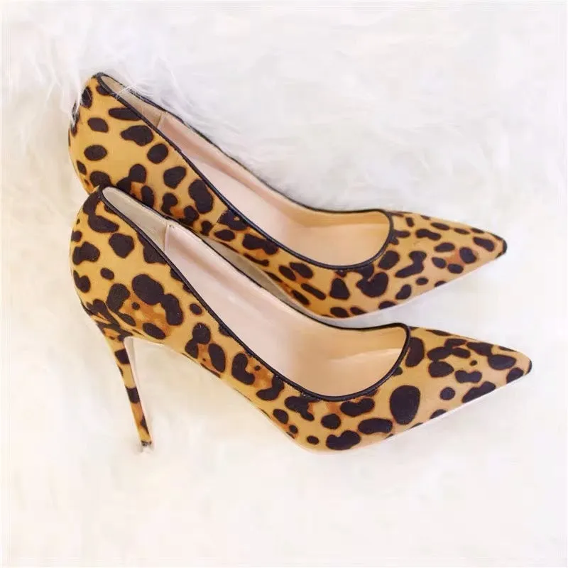 Leopard Pointed Toe Women Genuine Leather Sexy Slip On Pumps