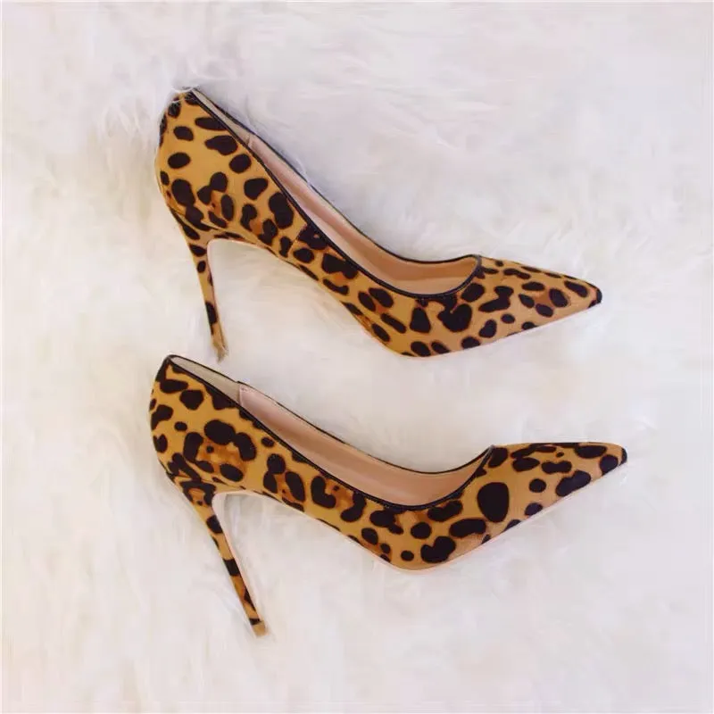 Leopard Pointed Toe Women Genuine Leather Sexy Slip On Pumps