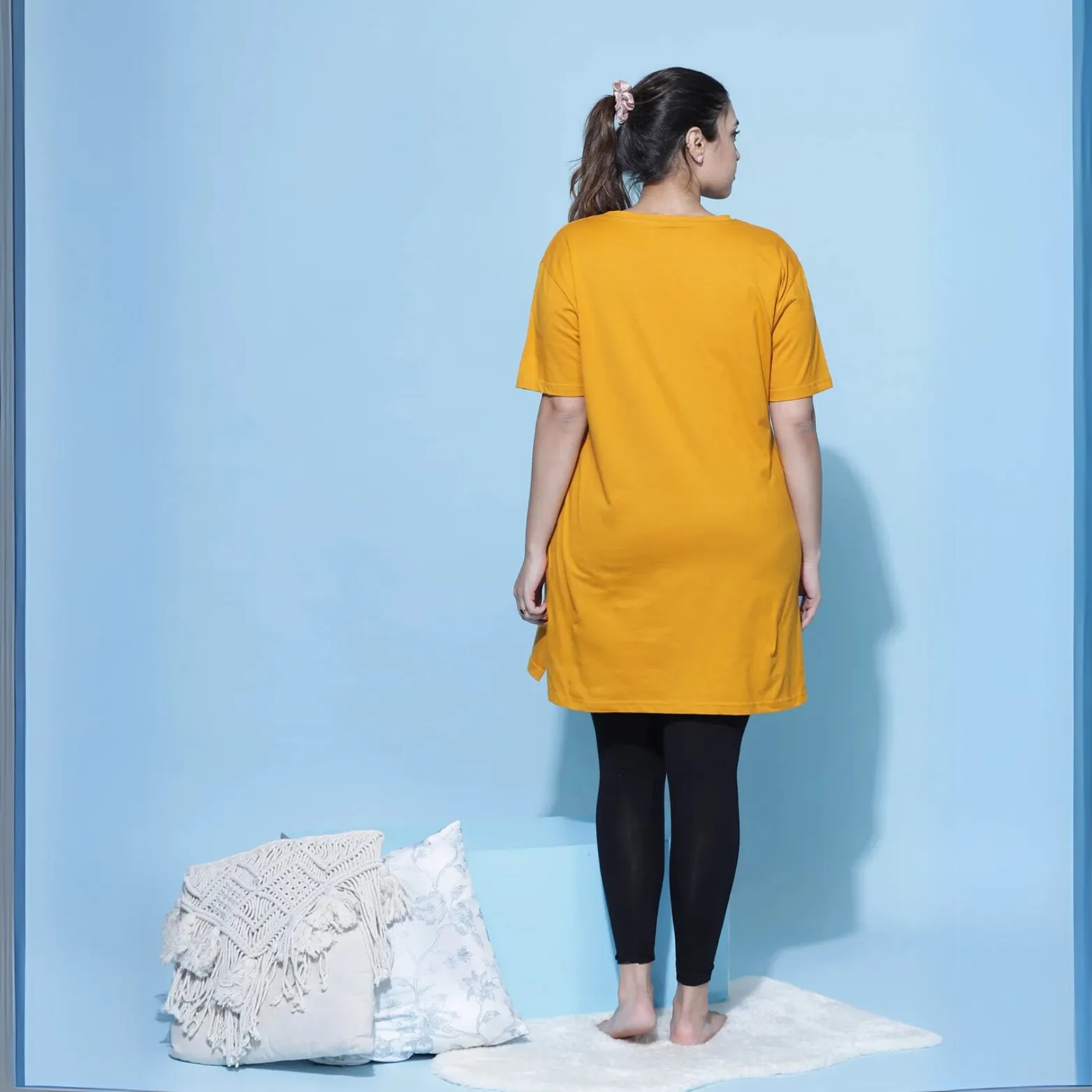 Mustard Yellow Printed Long T-Shirt for Women Crafted for Style