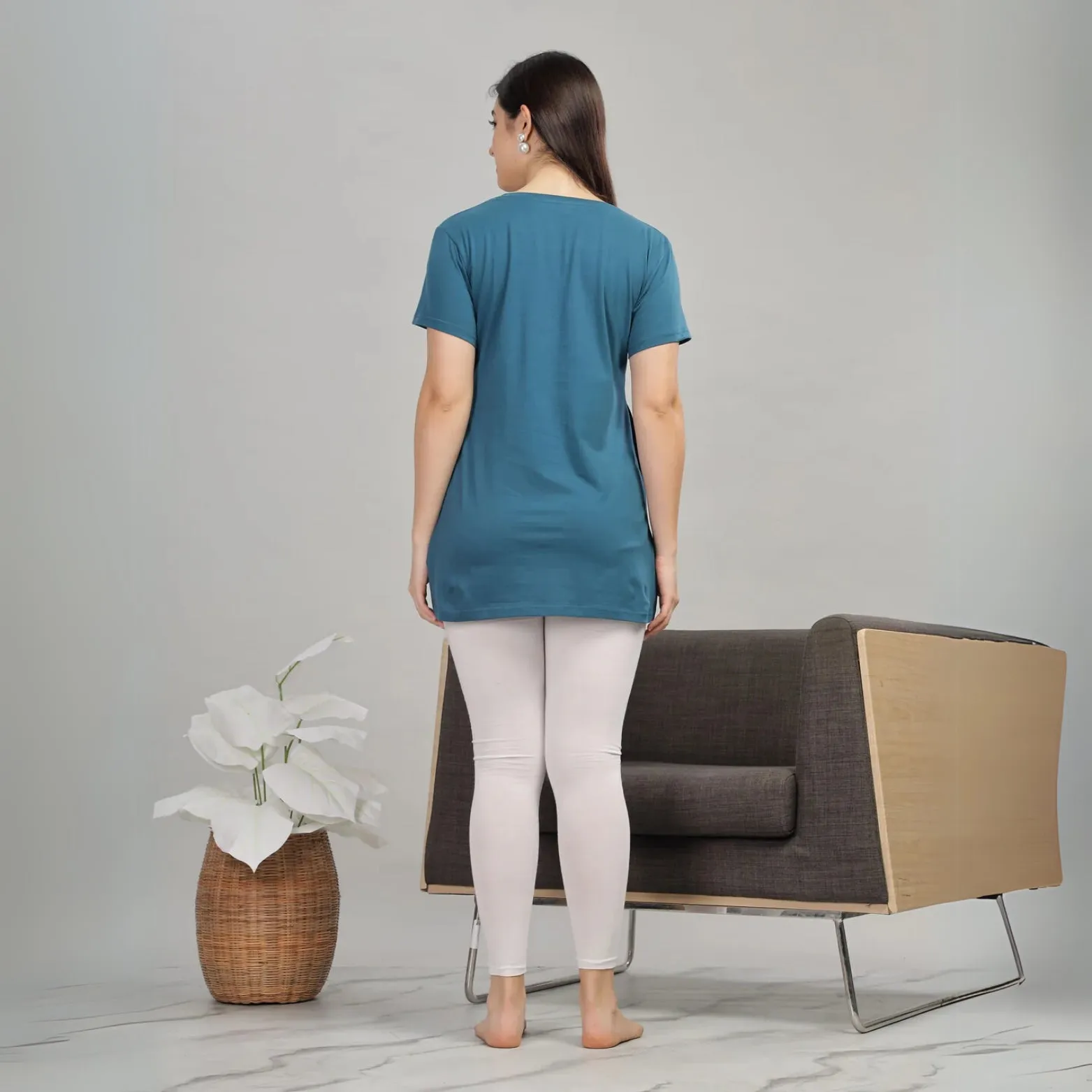Petrol Blue Long T-Shirt for Women Ideal for Yoga and Lounge Wear