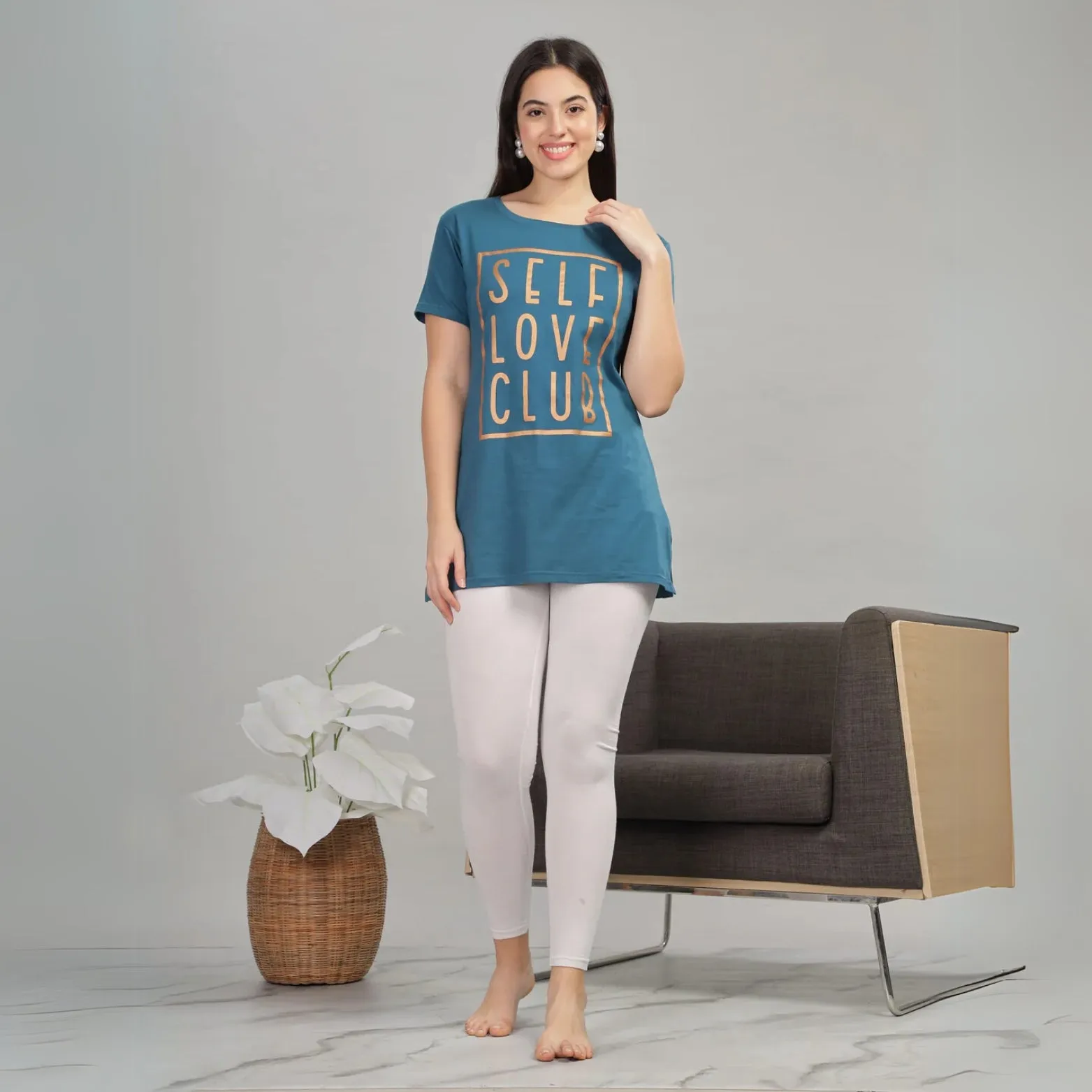 Petrol Blue Long T-Shirt for Women Ideal for Yoga and Lounge Wear