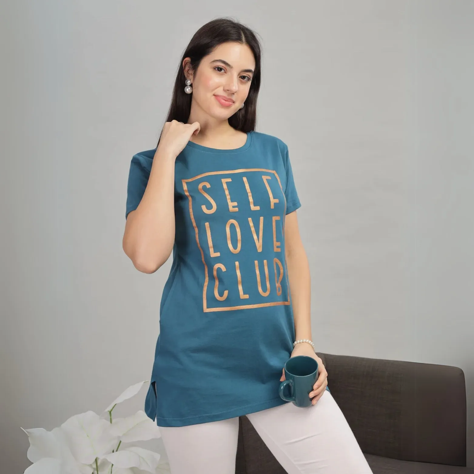 Petrol Blue Long T-Shirt for Women Ideal for Yoga and Lounge Wear
