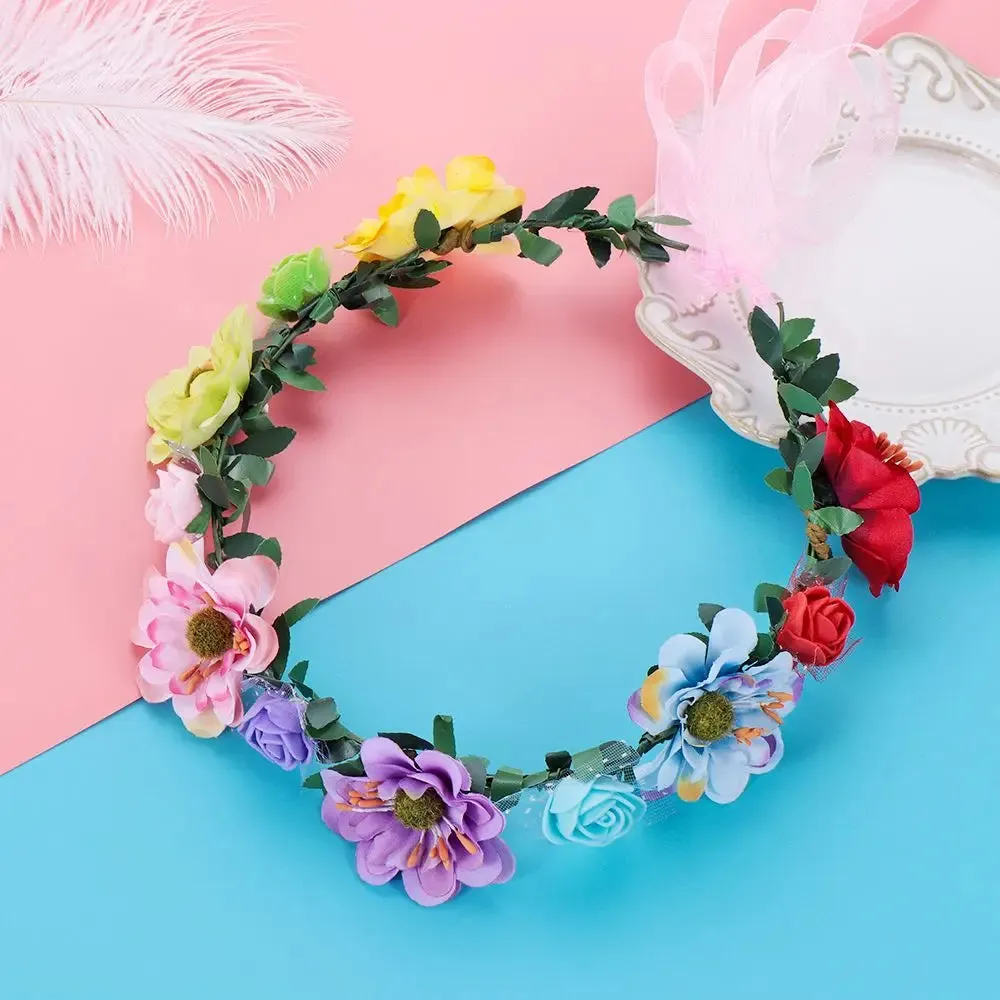 Pink Flowers Crown Festival Headpiece Women Hair Accessories Headdress Girl Baby Crown Floral Garland Wedding Floral Headwear