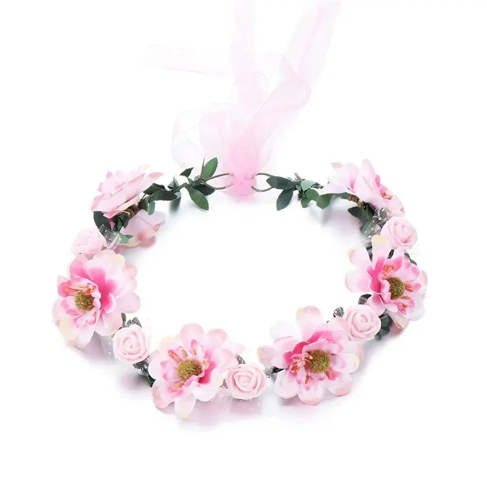 Pink Flowers Crown Festival Headpiece Women Hair Accessories Headdress Girl Baby Crown Floral Garland Wedding Floral Headwear