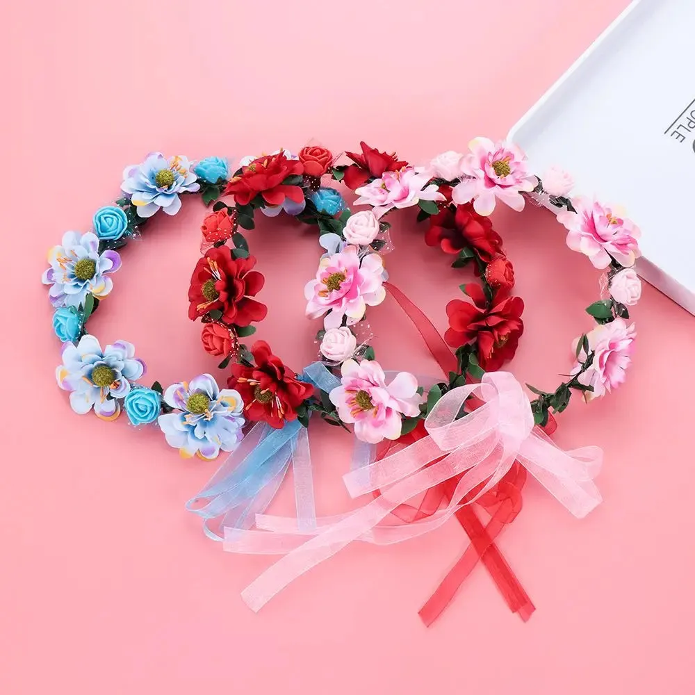 Pink Flowers Crown Festival Headpiece Women Hair Accessories Headdress Girl Baby Crown Floral Garland Wedding Floral Headwear