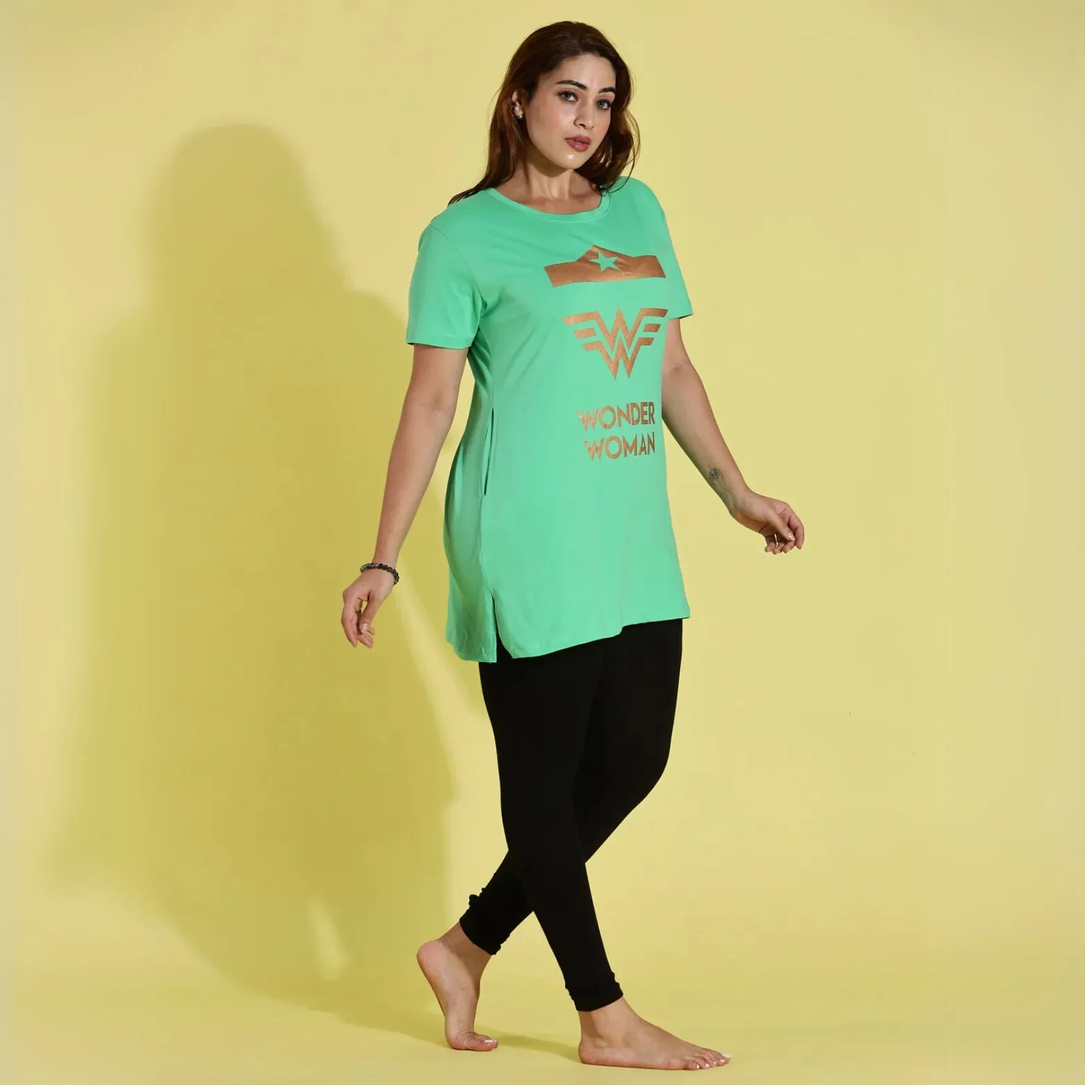 Pista Green Long T-Shirt for Women with Comfortable Fit Design