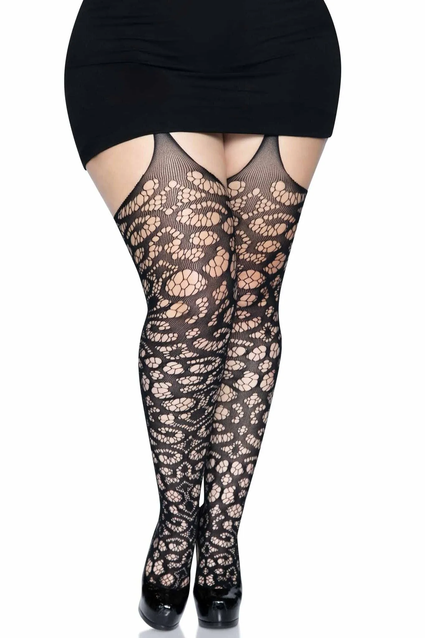Plus Size Scroll Lace Soft Elastic Waistband With Attached Garter Belt