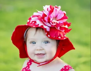 Red Dot Sun Hat with Red Pink Large Peony