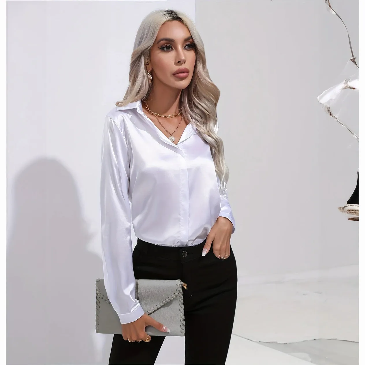 Satin Finish Button-Down Blouse