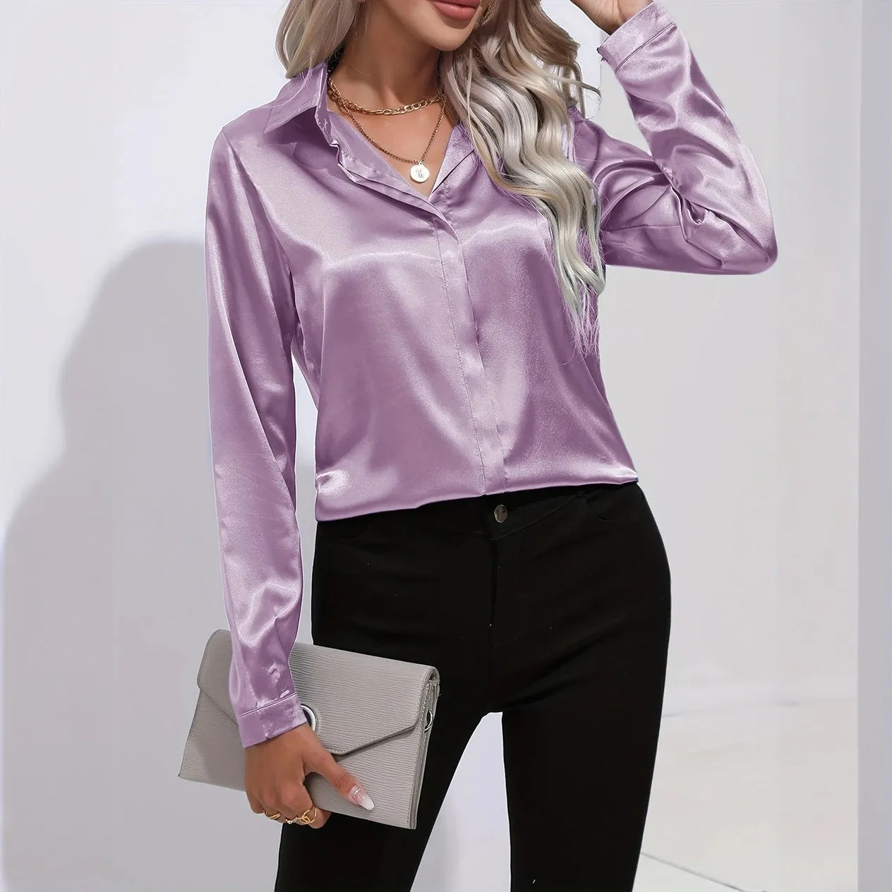 Satin Finish Button-Down Blouse
