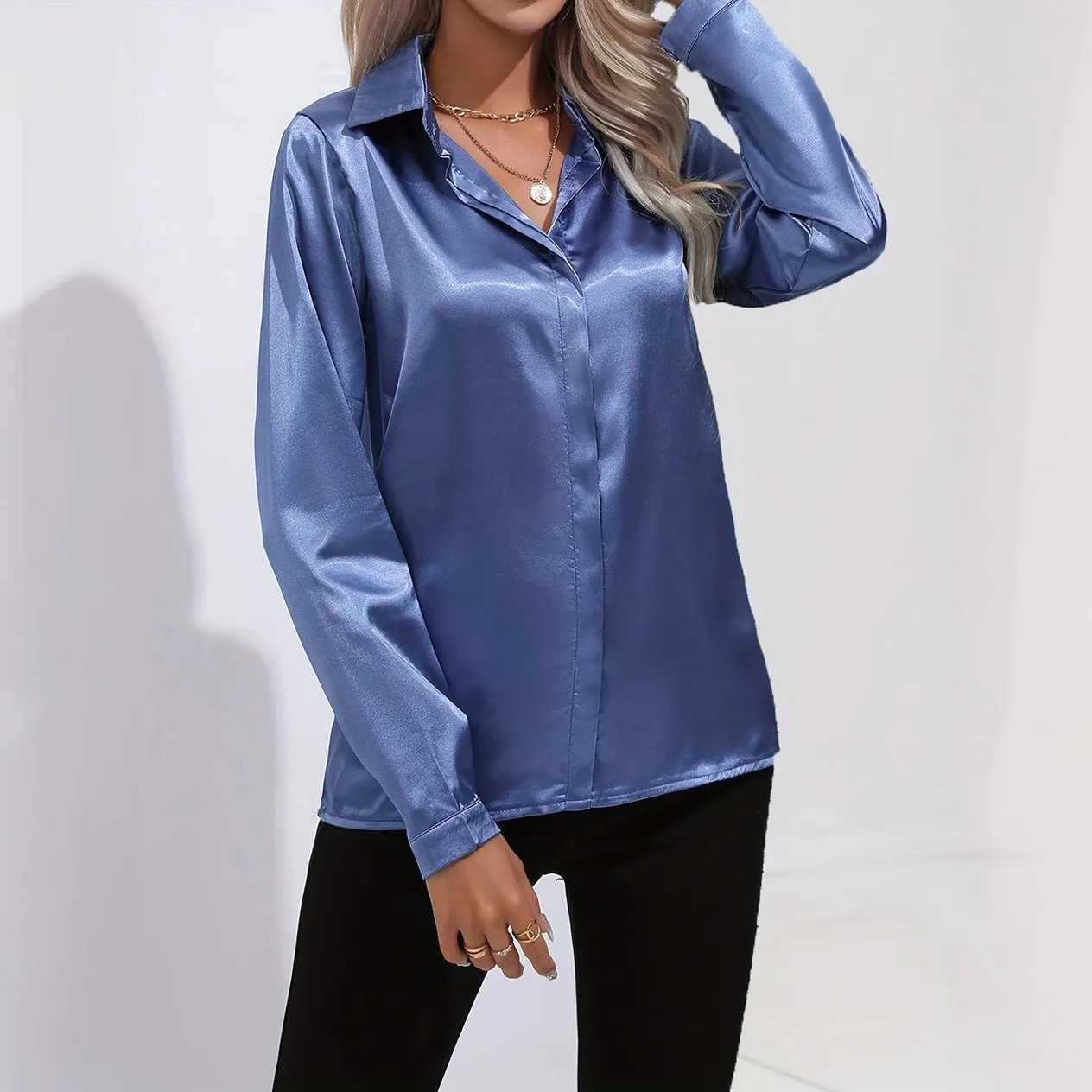 Satin Finish Button-Down Blouse