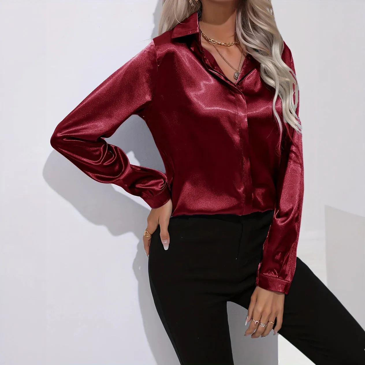 Satin Finish Button-Down Blouse