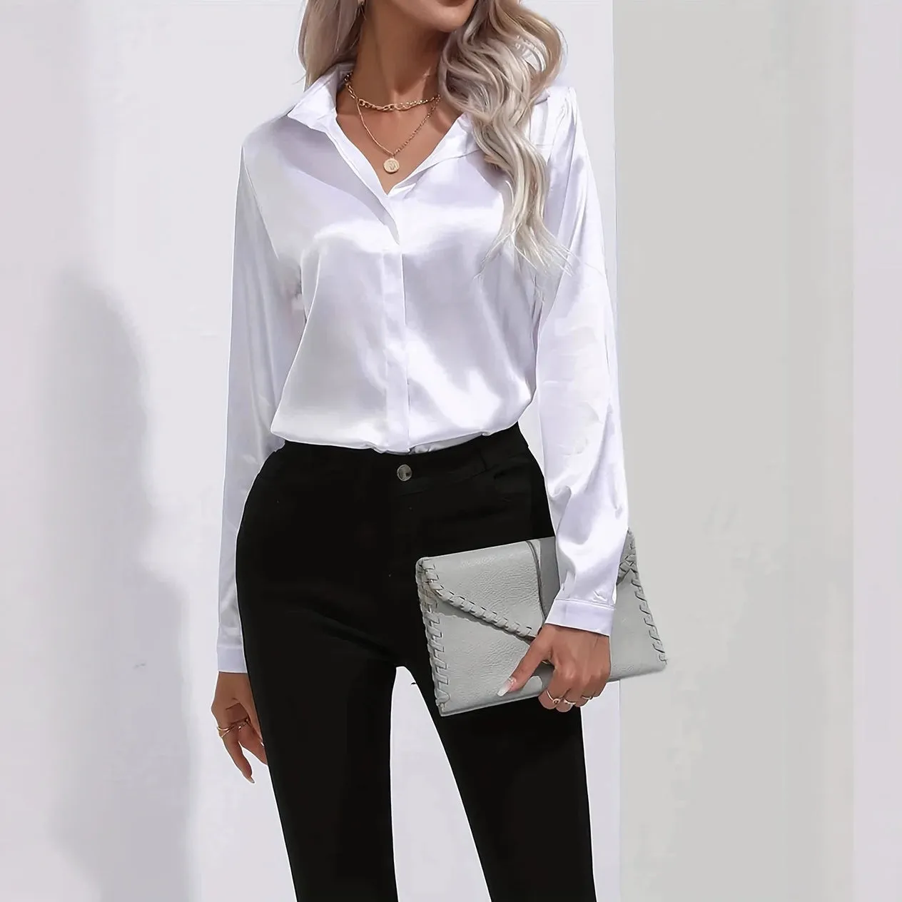 Satin Finish Button-Down Blouse