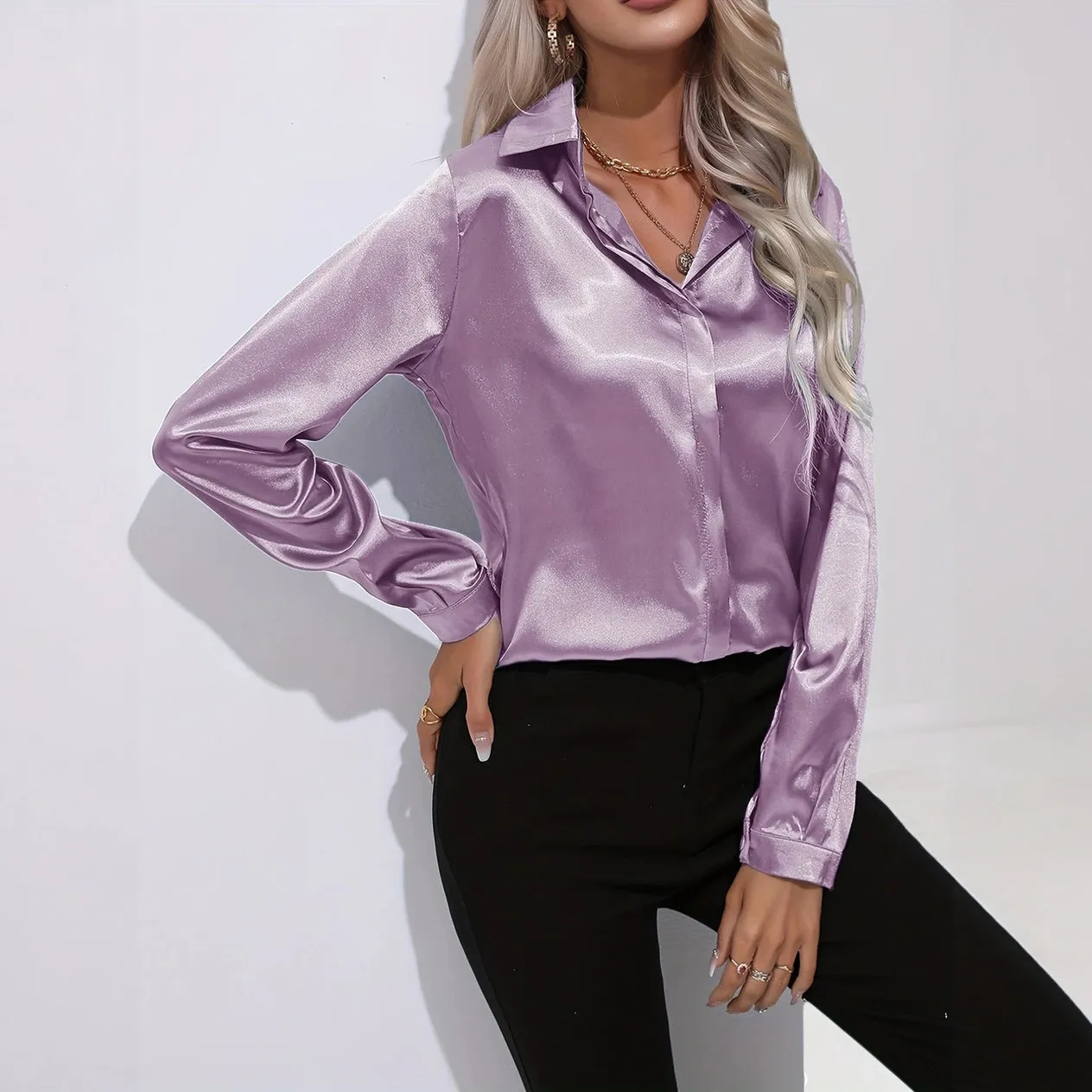 Satin Finish Button-Down Blouse