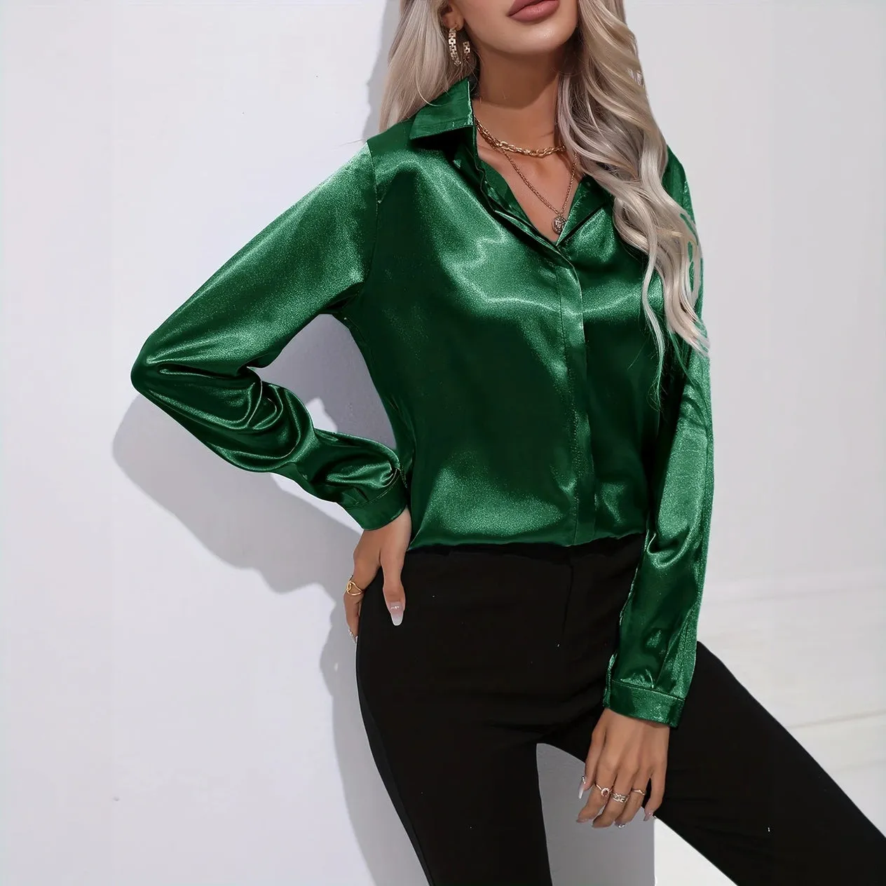 Satin Finish Button-Down Blouse