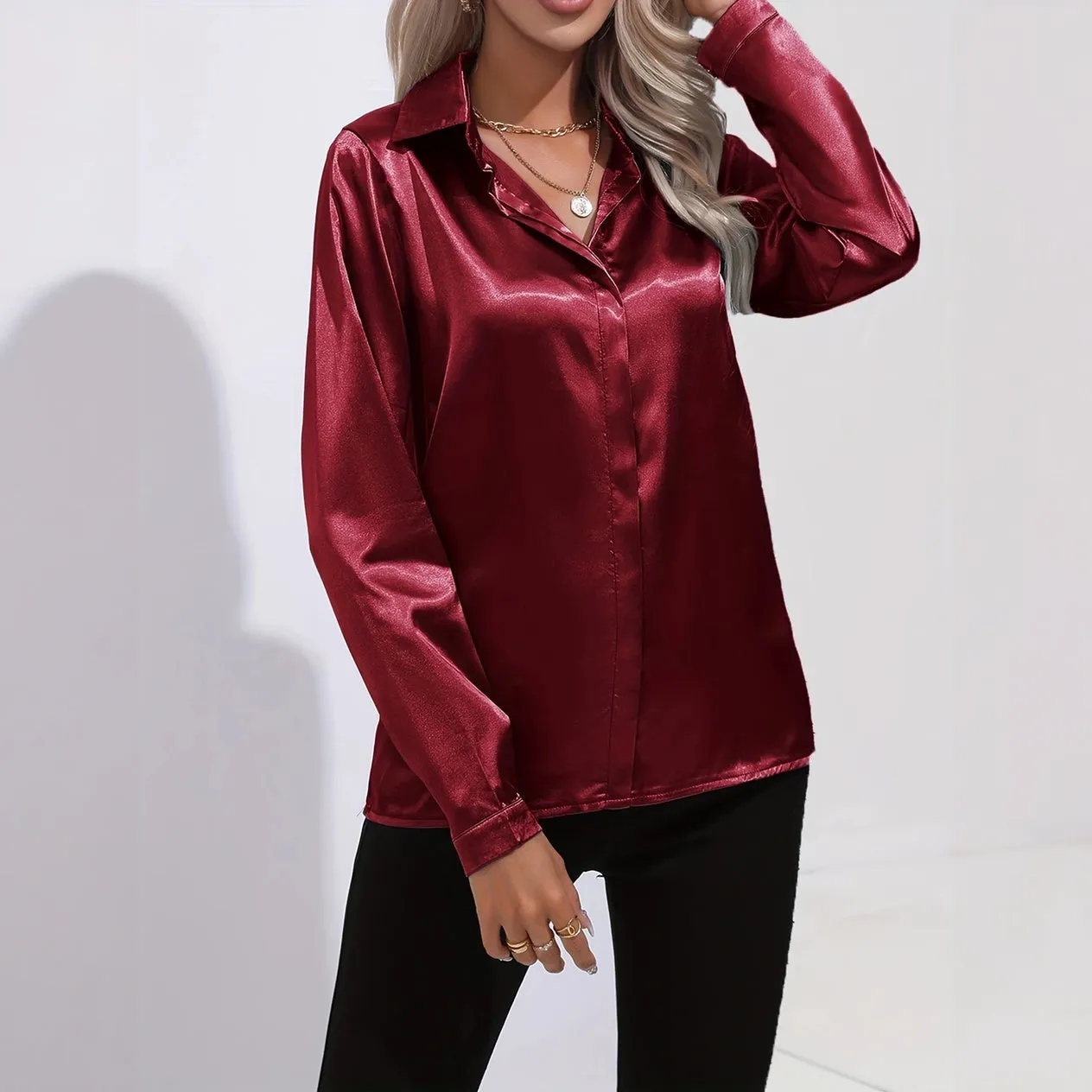 Satin Finish Button-Down Blouse