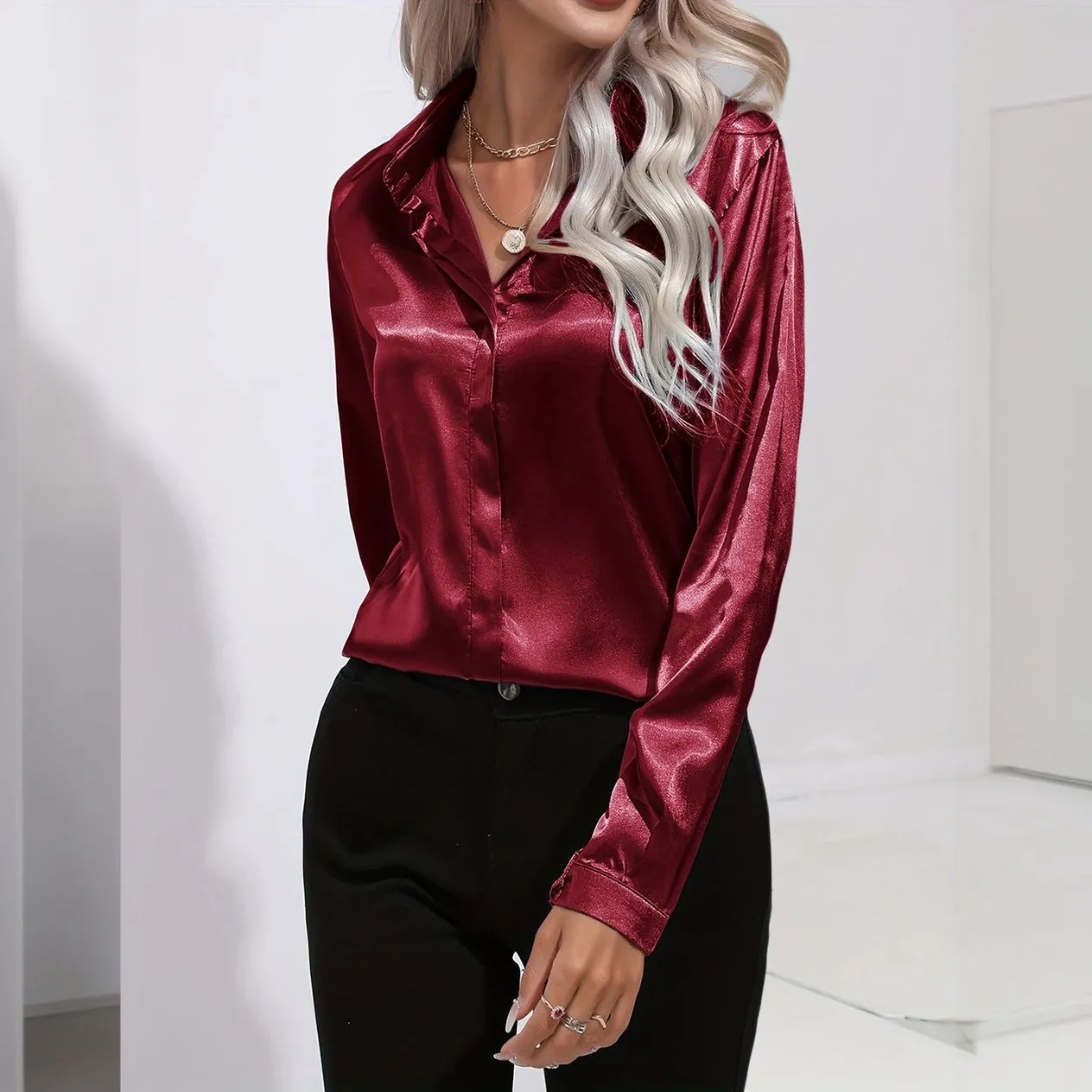 Satin Finish Button-Down Blouse