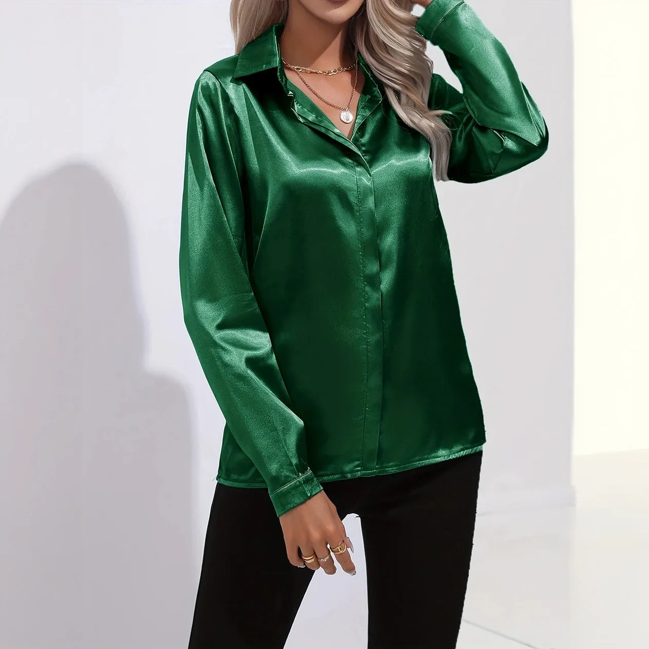 Satin Finish Button-Down Blouse