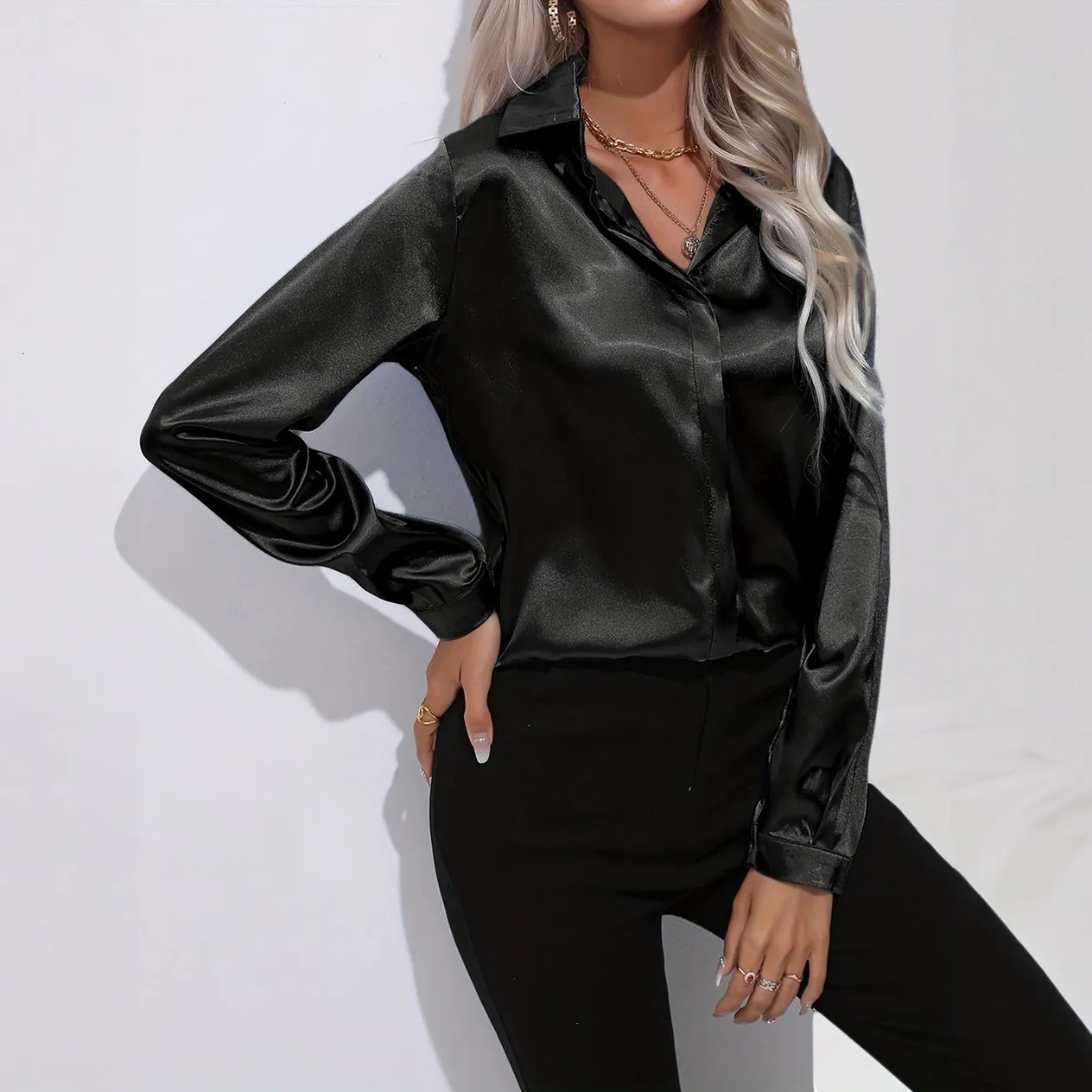 Satin Finish Button-Down Blouse
