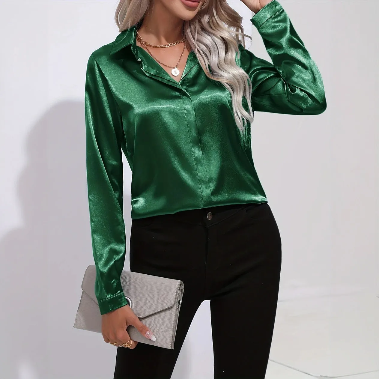 Satin Finish Button-Down Blouse